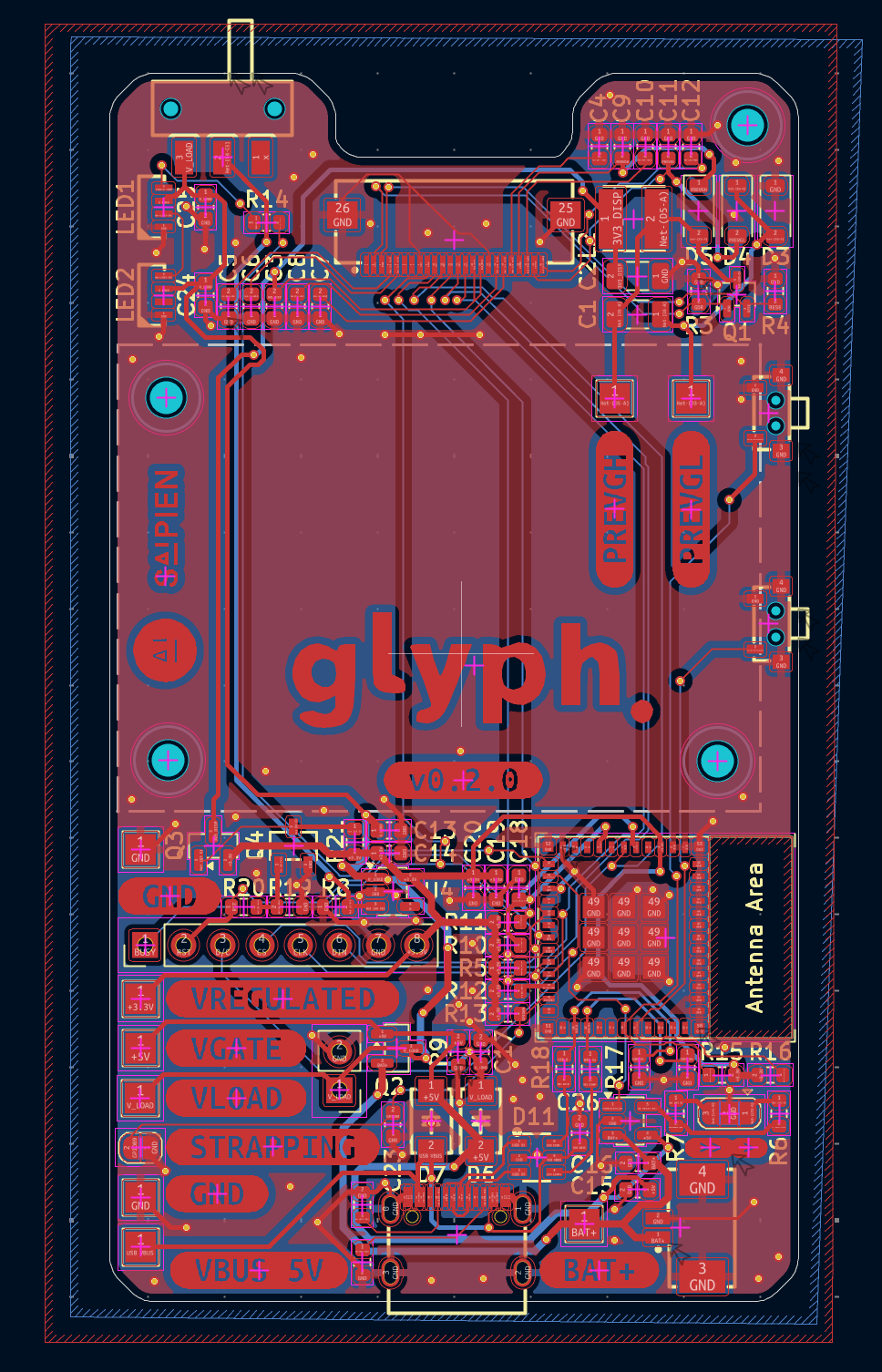 The Glyph v2 board layout in KiCad